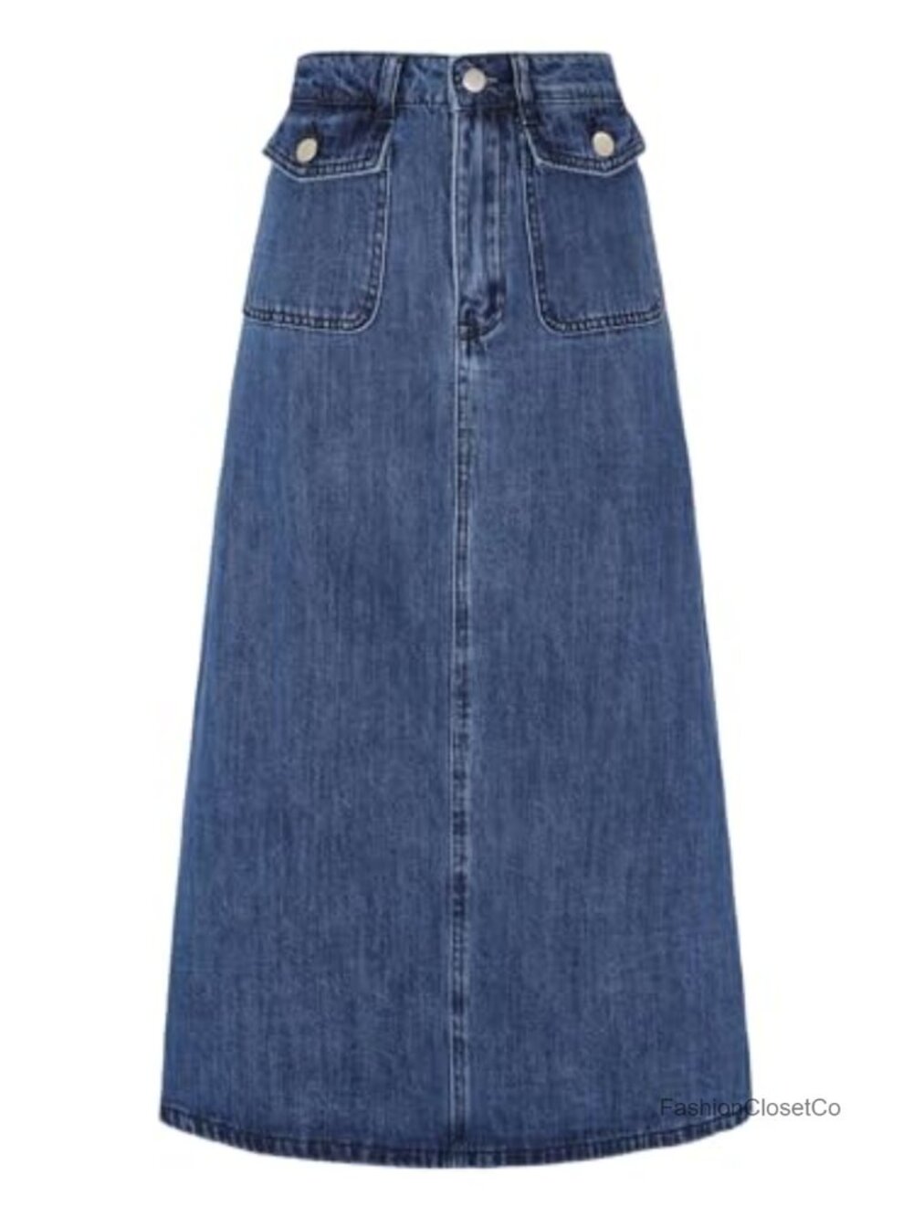 High Waisted Denim A-Line Midi Skirt with Flap Pockets, Button Closure, Casual